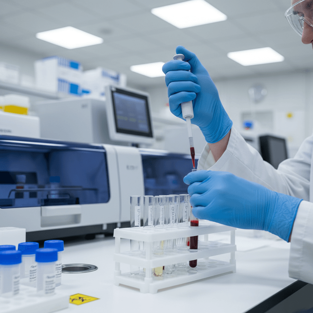 Laboratory technician in protective gloves carefully pipetting blood sample into test tube rack in sterile clinic environment